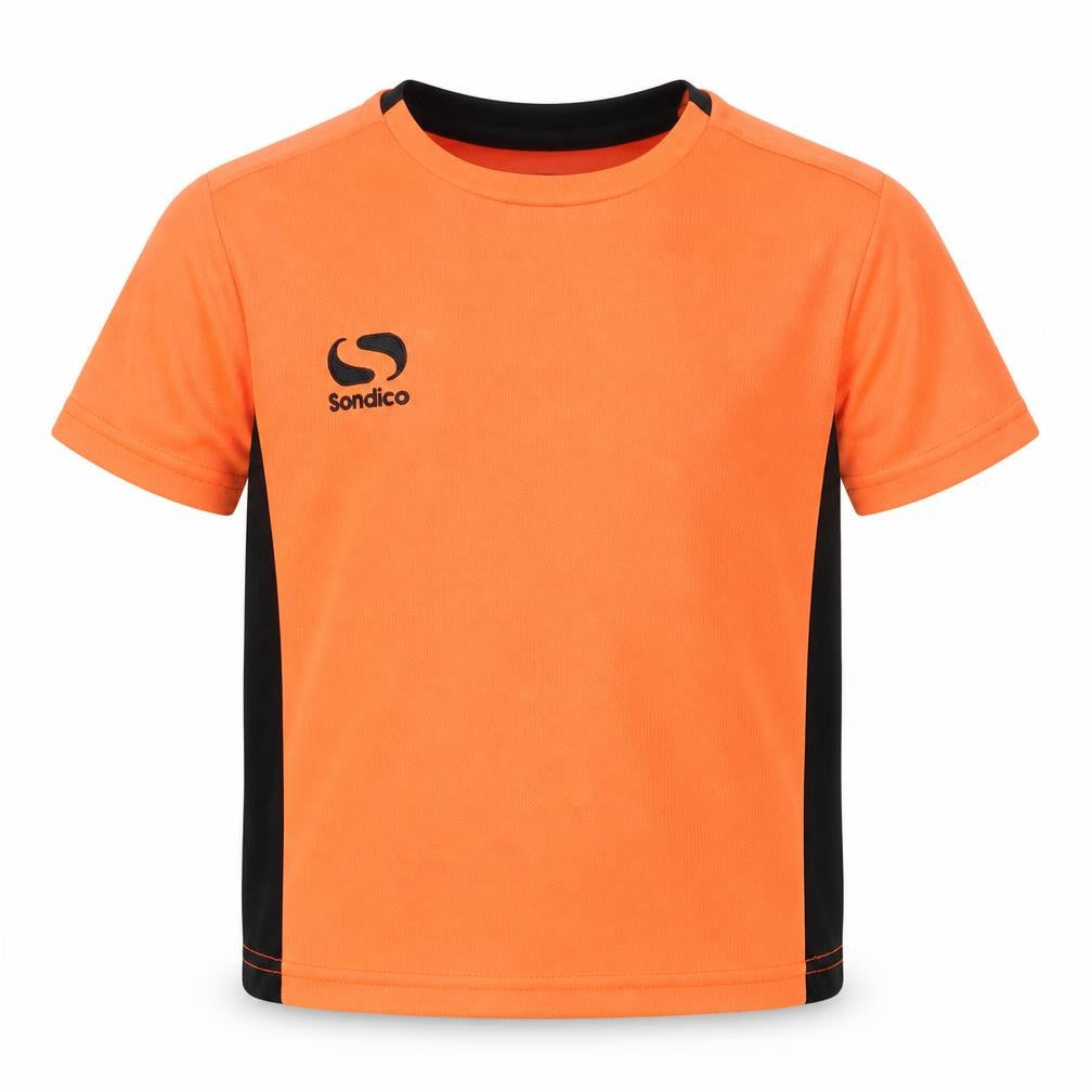 Front view of Sondico boys’ orange t-shirt, size 3-4, years, sports style
