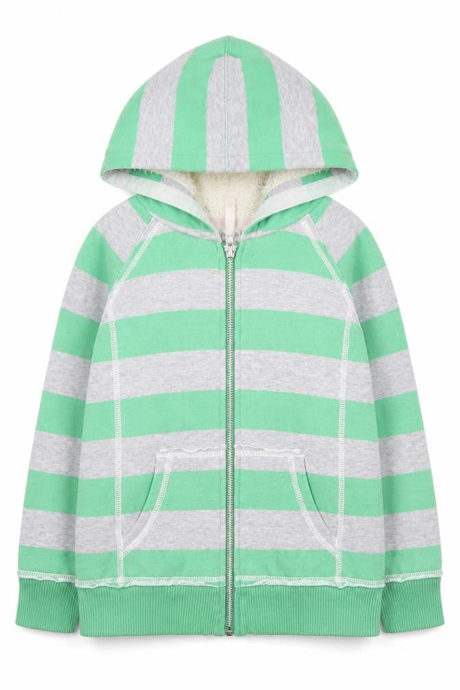 Front view of Mini Boden boys’ green & grey striped full zip hoodie 5-6 years
