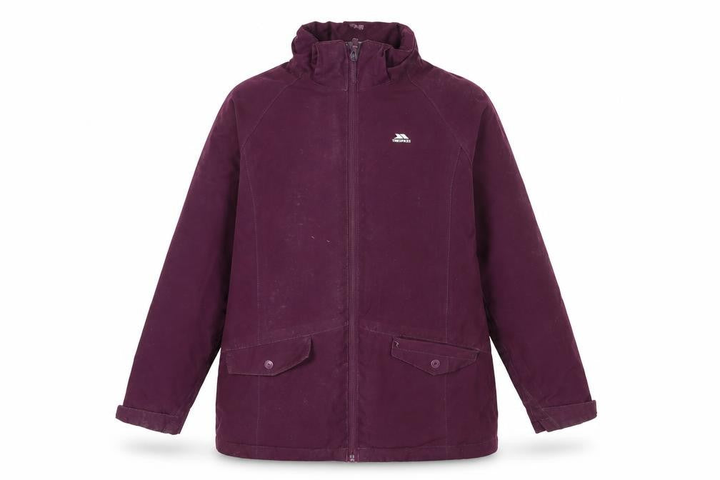 Front view of Trespass Purple girls’' rain coat, size 11-12, waterproof weather