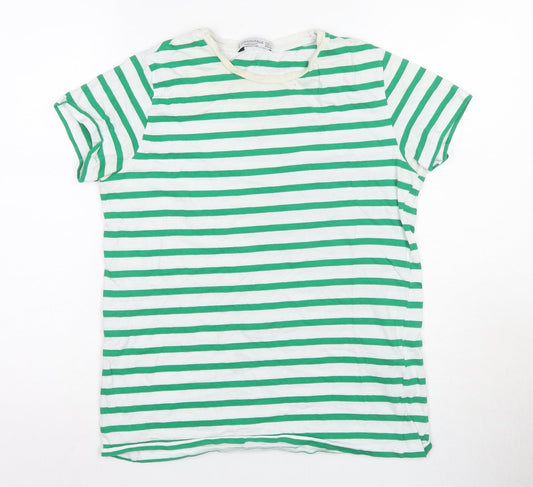 Stradivarius Women's Green Striped T-Shirt Size 4