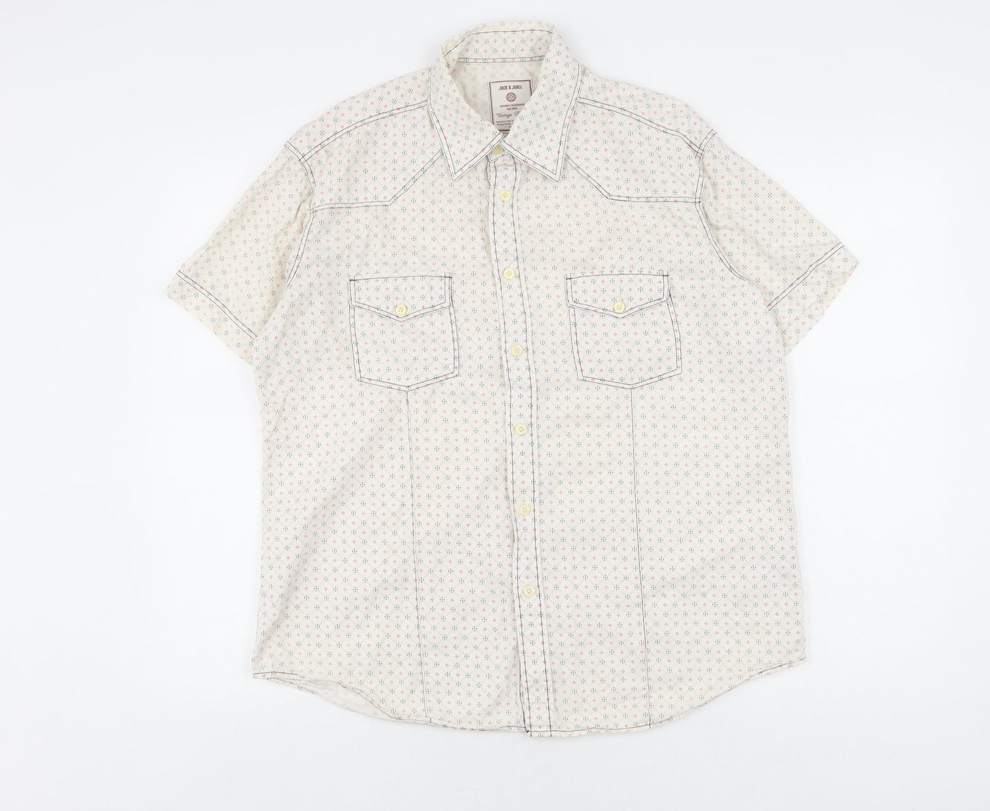 Jack & Jones Men's L White Geometric Short Sleeve Shirt