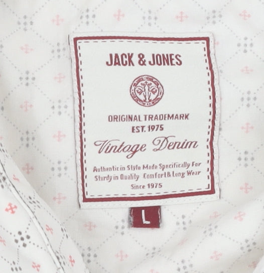 Jack & Jones Men's L White Geometric Short Sleeve Shirt