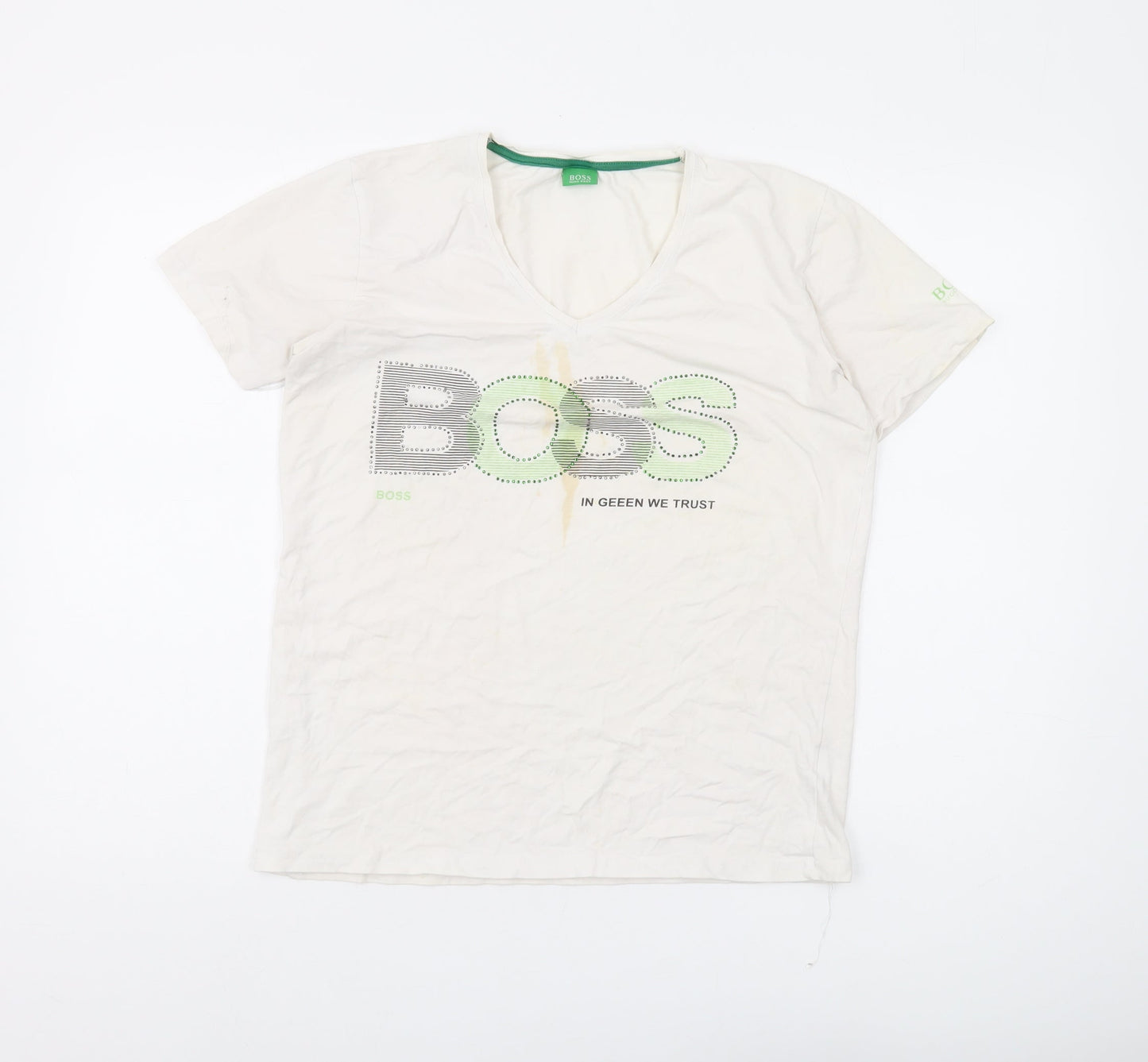 Hugo Boss Women's White V-Neck T-Shirt, M, Studded Accent