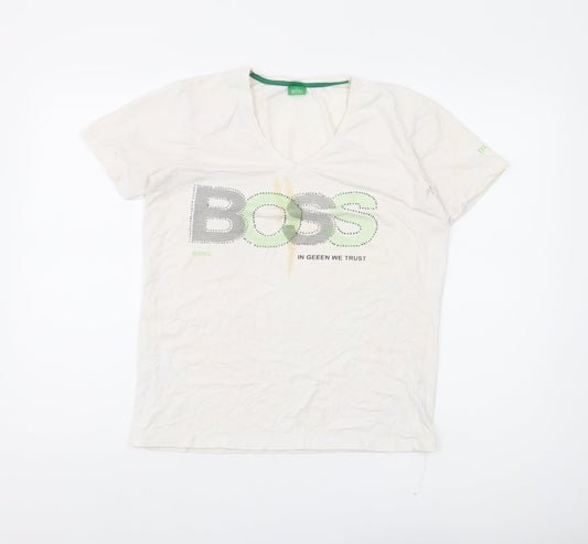 Hugo Boss Women's White V-Neck T-Shirt, M, Studded Accent