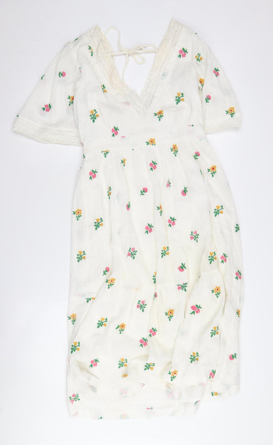 Cath Kidston Women's Ivory Floral Midi Dress Size 10