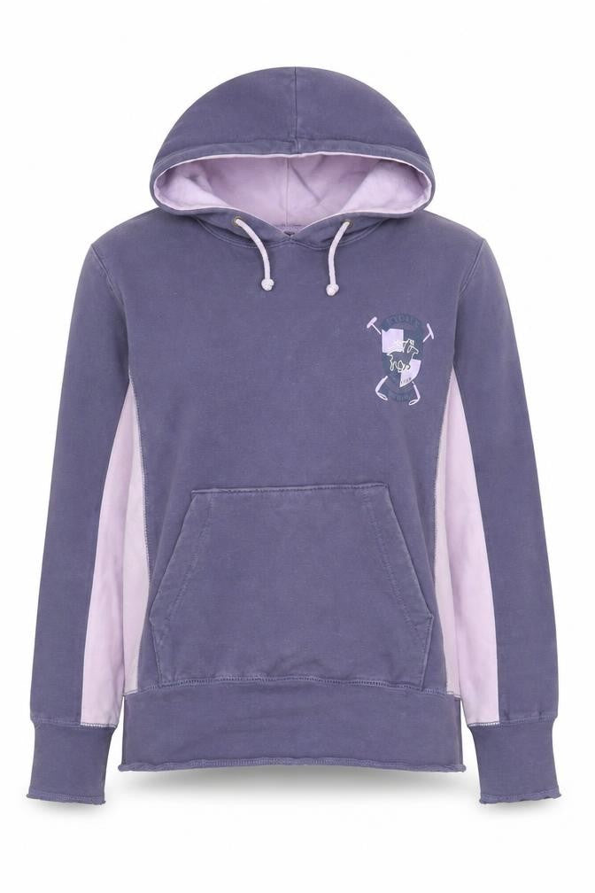 Front view of Rydale girls’ purple xs hoodie with logo and pockets