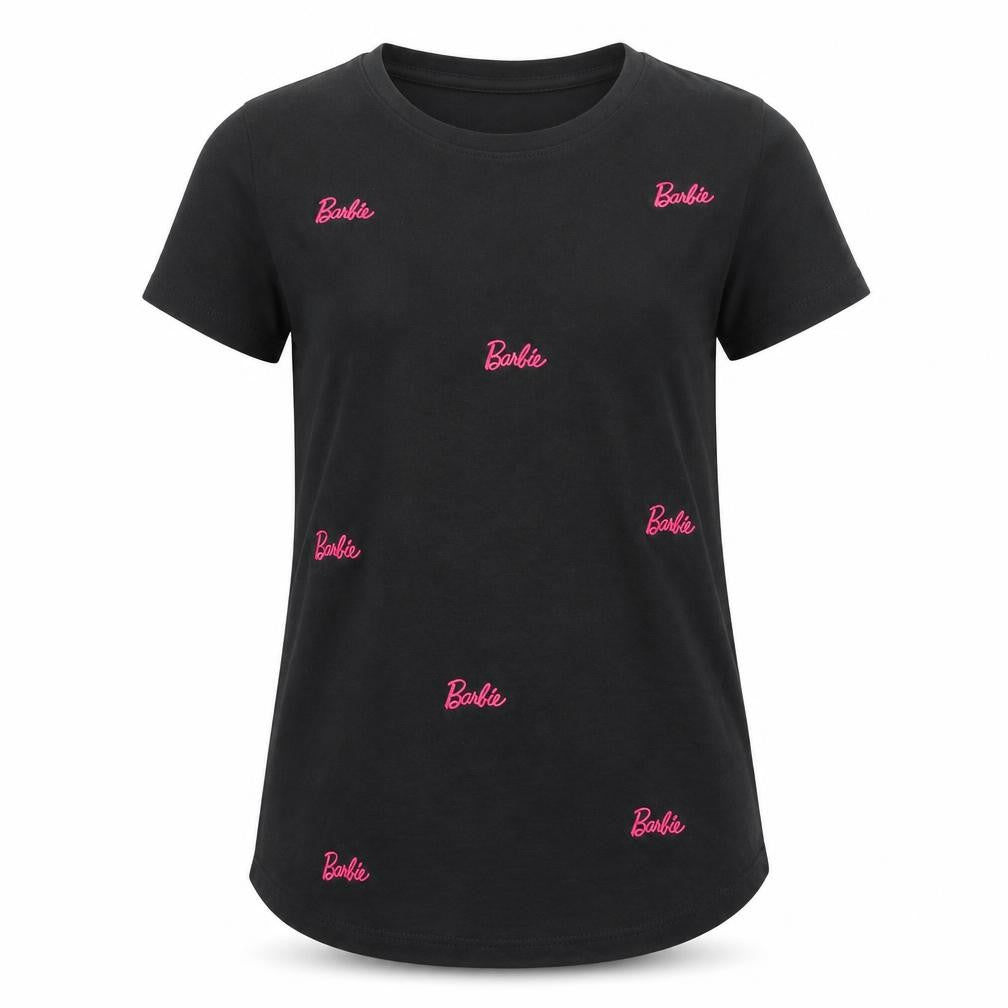Front view of Barbie girls’ black cotton t-shirt s logo graphic casual
