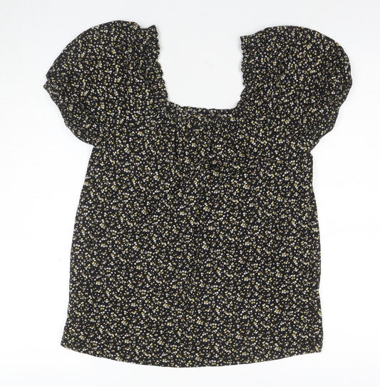 Fat Face Women's Black Floral Blouse, UK 12, Square Neck