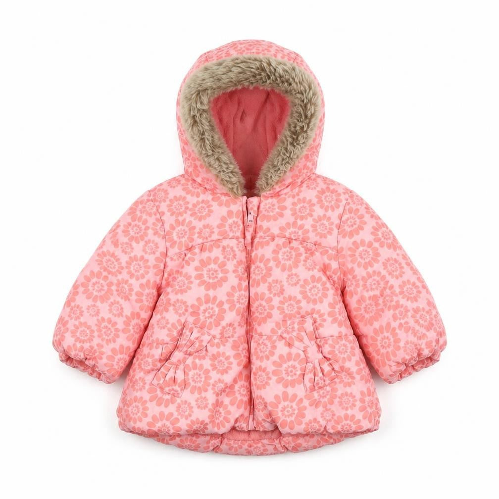 Front view of Marks & Spencer girls’ pink floral puffer jacket 3-6m