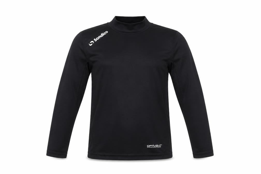 Front view of Sondico boys’ black long sleeve sports top, size 5-6, years