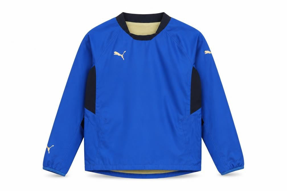 Front view of Puma boys’ blue pullover sweatshirt, size UK 12, logo accent
