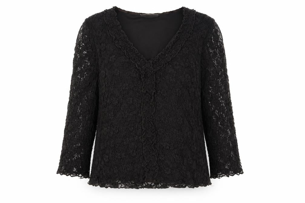 Précis Women's Black Lace Top, Large, 3/4 Sleeve V-Neck