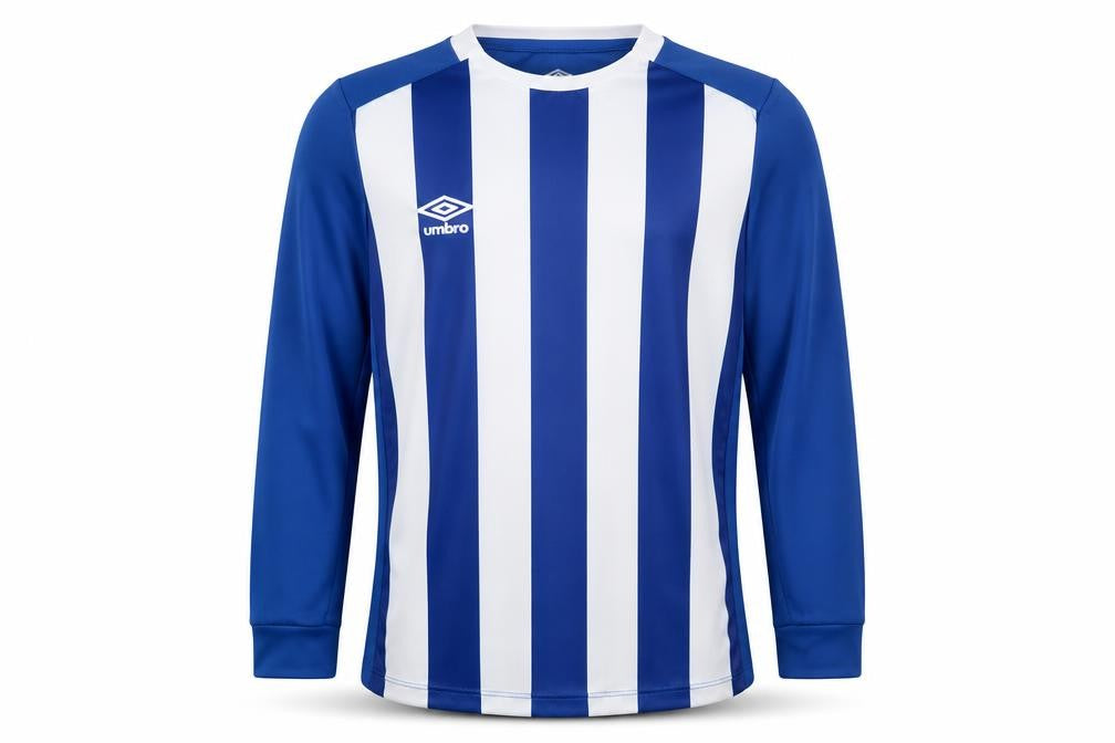 Front view of Umbro boys’ blue/white striped football jersey, size 8-9