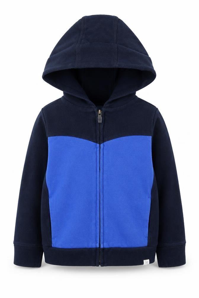 Front view of Gap boys’ blue full zip hoodie, 4 years, colourblock, comfy