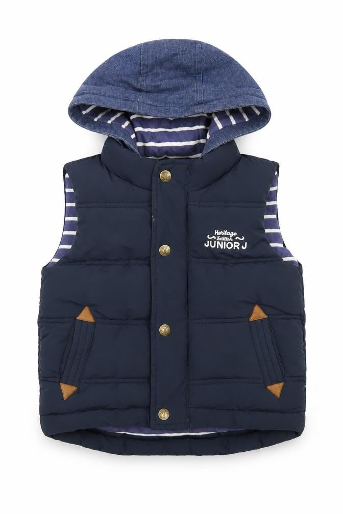 Front view of Junior J boys’' blue hooded puffer jacket 2-3y