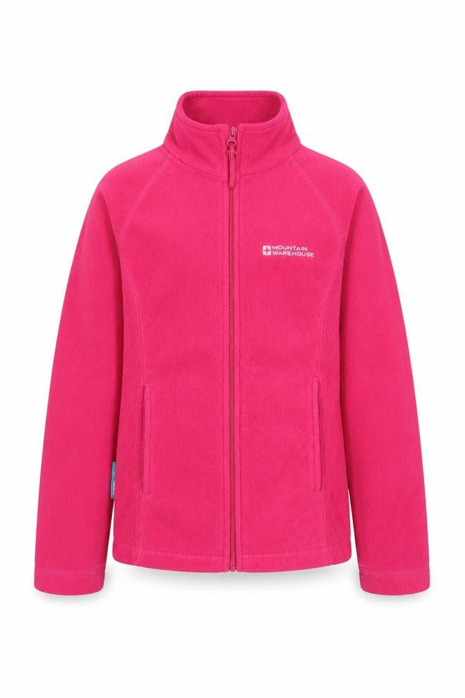Front view of Mountain Warehouse girls’ pink fleece jacket 7-8 years