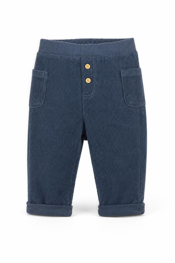 Front view of FatFace boys’ blue corduroy jogger trousers 3-6 months