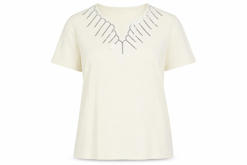 Damart Women's White Sequin V-Neck T-Shirt Size L