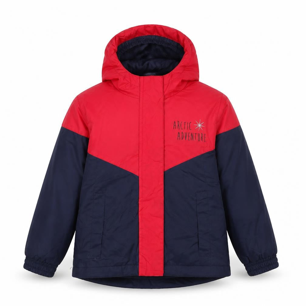 Front view of Crivit boys’ red blue colourblock parka jacket 2-3 years