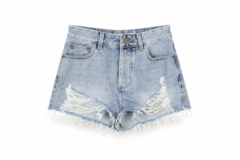 Front view of ASOS Women's Blue Cut-Off Denim Shorts, size 6