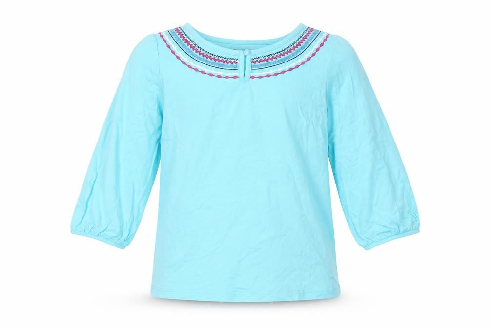Front view of GapKids girls’ blue embroidered blouse, size L, 10-11 years