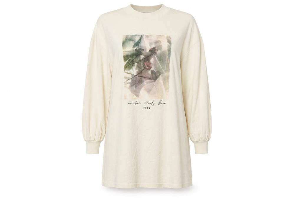 Front view of ASOS DESIGN Women's Ivory Graphic T-Shirt Dress, size 8