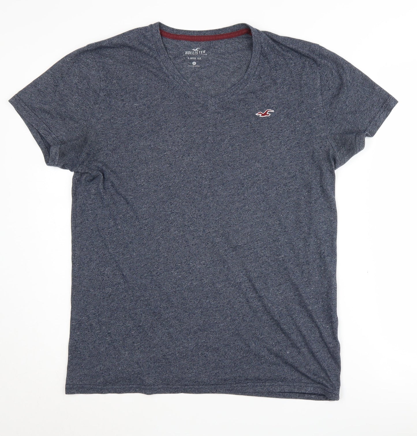 Hollister Men's Blue V-Neck T-Shirt - Size S, Logo Accent