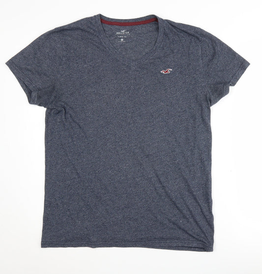 Hollister Men's Blue V-Neck T-Shirt - Size S, Logo Accent