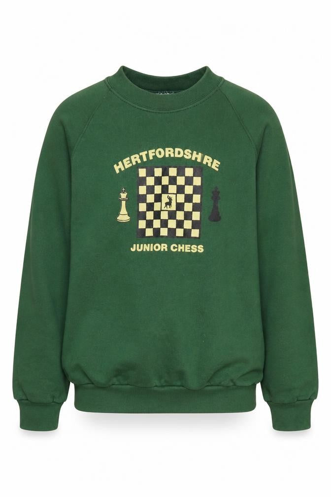 Front view of Fruit of the Loom boys’ green chess sweatshirt, size S