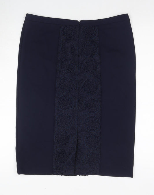 Jacques Vert Women's Navy Embroidered Pencil Skirt Size 14