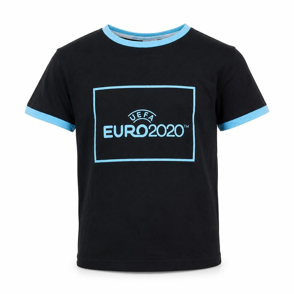 Front view of boys’' black euro 2020 t-shirt, age 7-8, casual sports wear