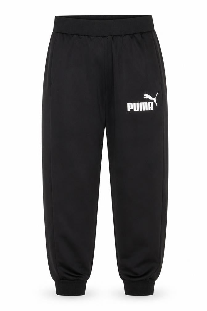 Front view of Puma boys’ black joggers l tapered sports trousers