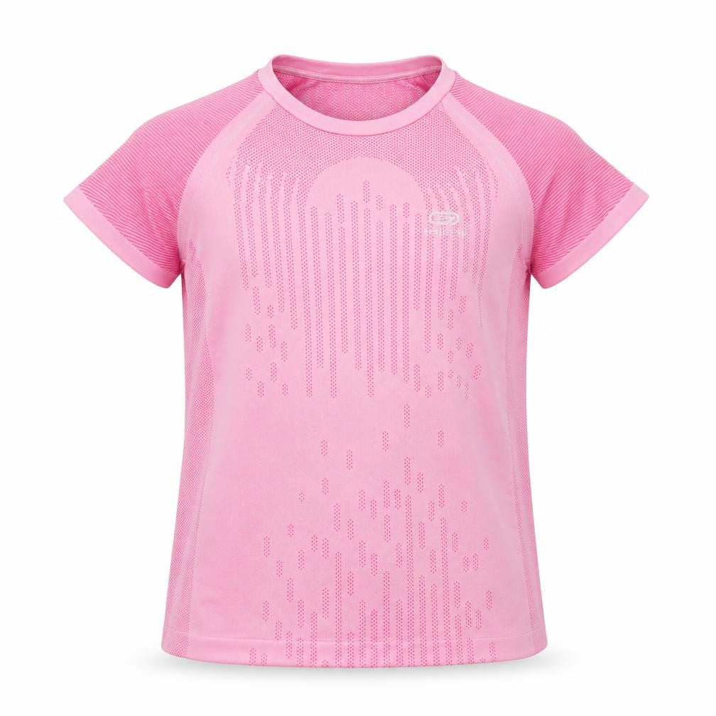 Front view of Decathlon girls’ pink athletic t-shirt, 8 years, lightweight