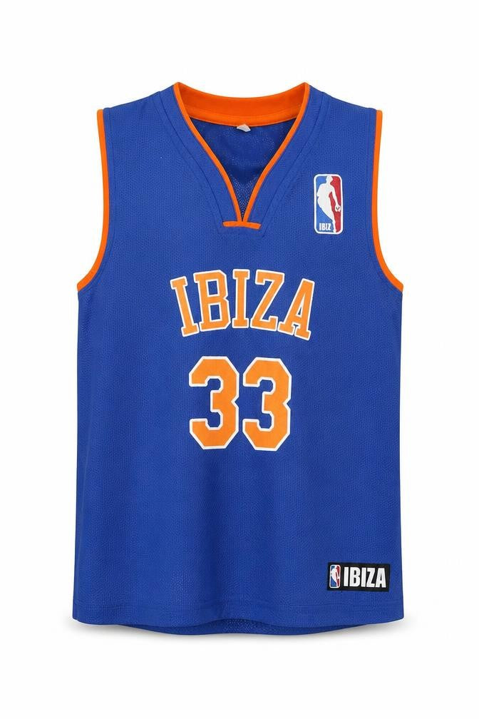 Front view of Esquesei boys’ blue basketball jersey tank top, size 10, years