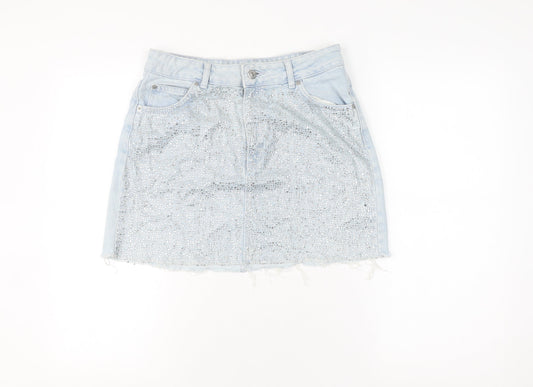 Topshop Women’s Blue Denim Mini Skirt, Size 10, Rhinestone