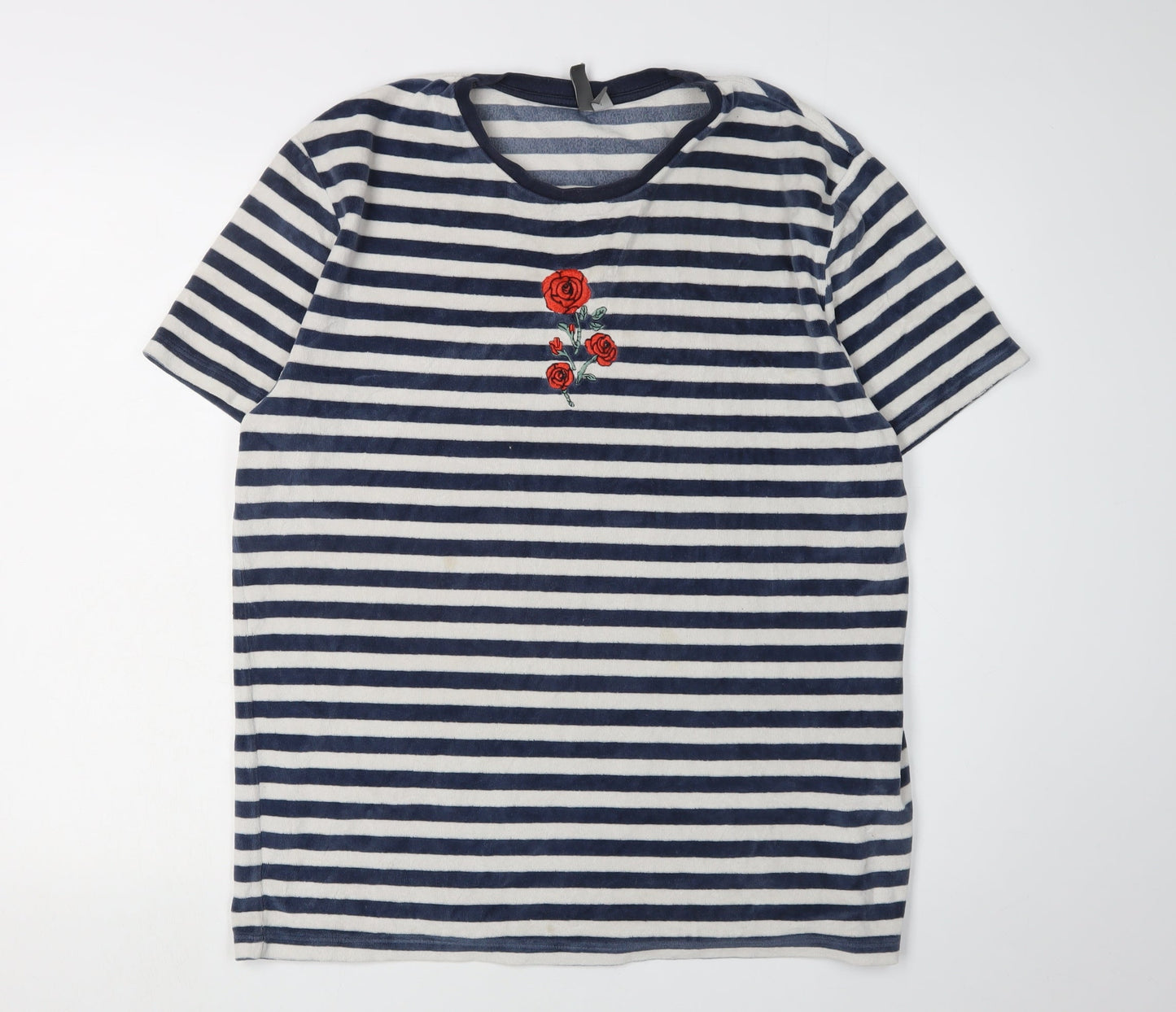 ASOS Men's Blue Striped L T-Shirt with Embroidered Rose