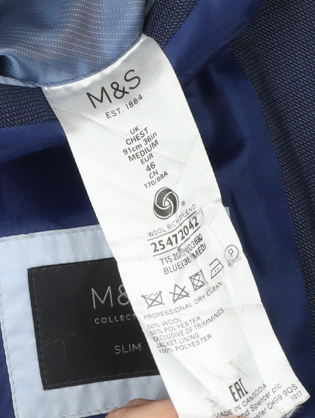 Marks and Spencer Men's Blue Suit Jacket Slim Fit 36R