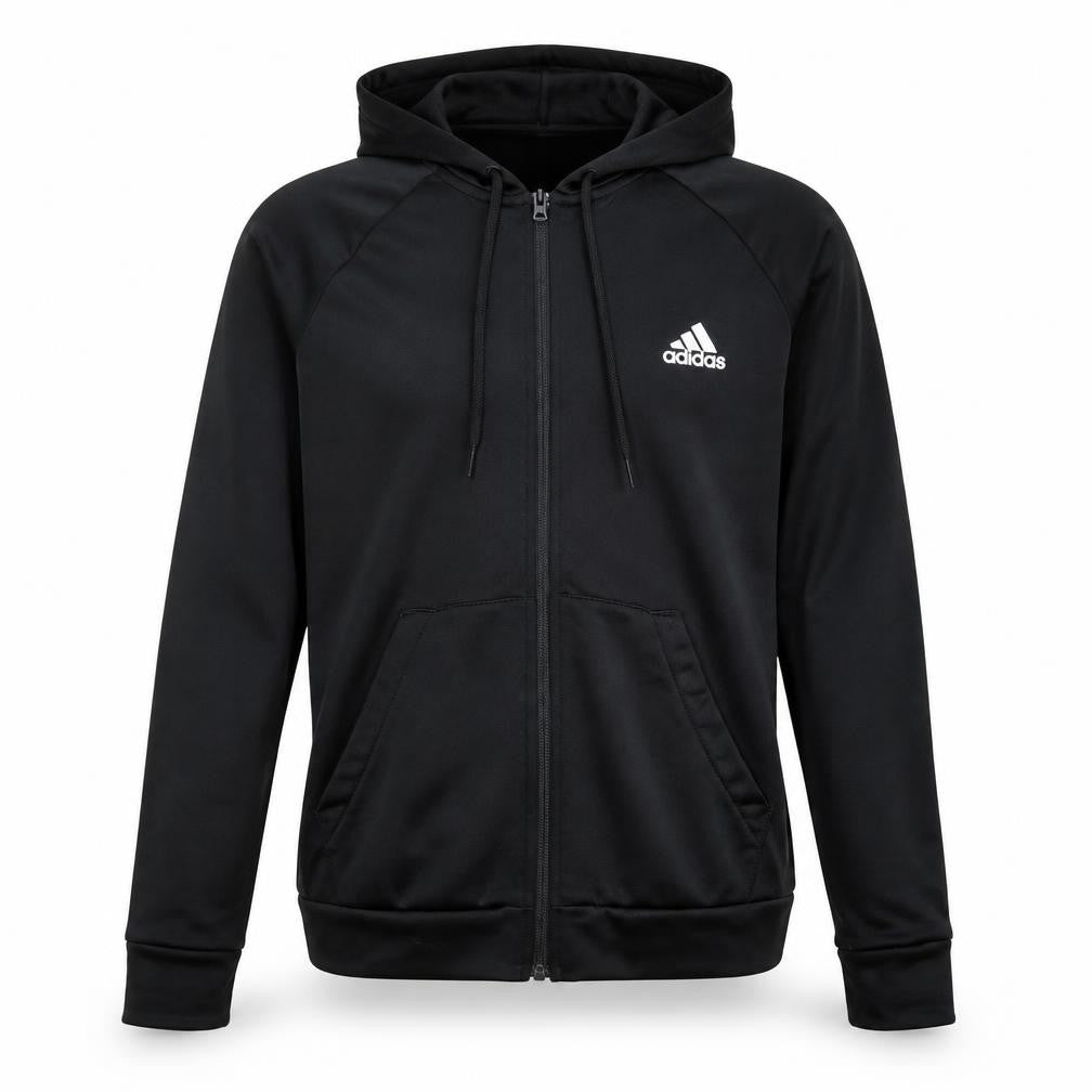 Front view of Adidas boys’ black full zip hoodie, size S