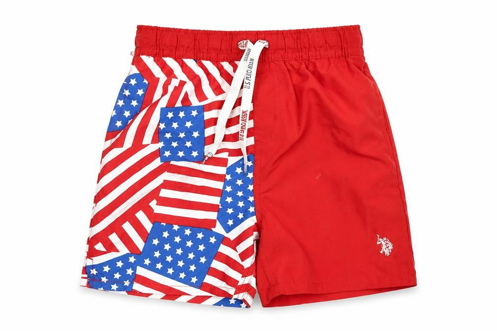 Front view of U.S. Polo Assn. boys’ red blue stars swim shorts 8-9 years