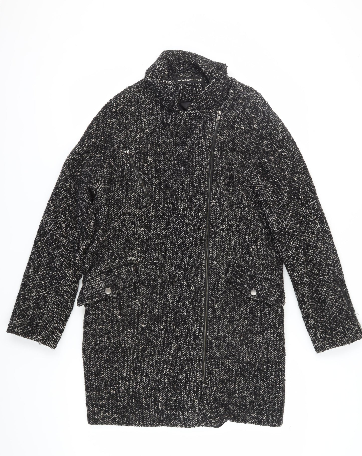 Warehouse Women's Black Mid-Length Tweed Coat Size 12