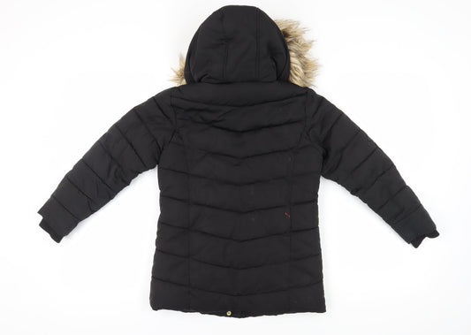 Next Girls Black Puffer Jacket 9 Years Hooded Fur Trim Winter