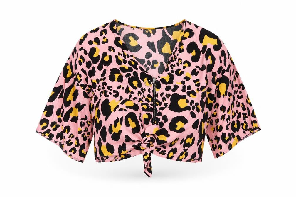 Topshop Women's Pink Animal Print Cropped Blouse Size 10