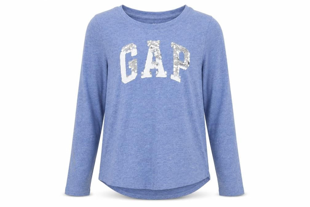 Gap Girls Blue Sequin Logo Long Sleeve T-Shirt, Size L