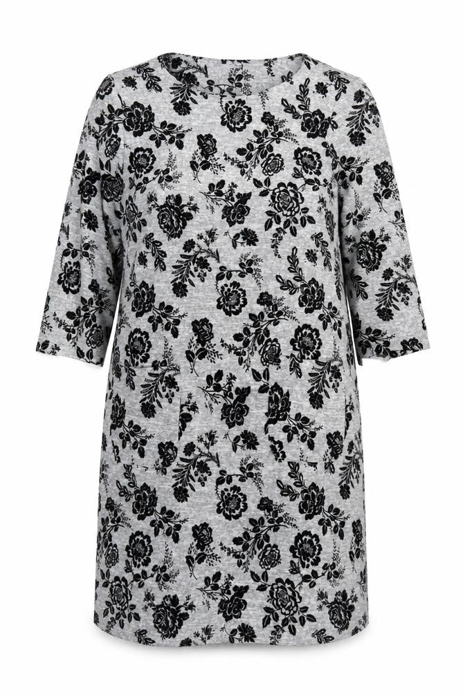Front view of Roman Women's Grey Floral Shift Dress, size 14
