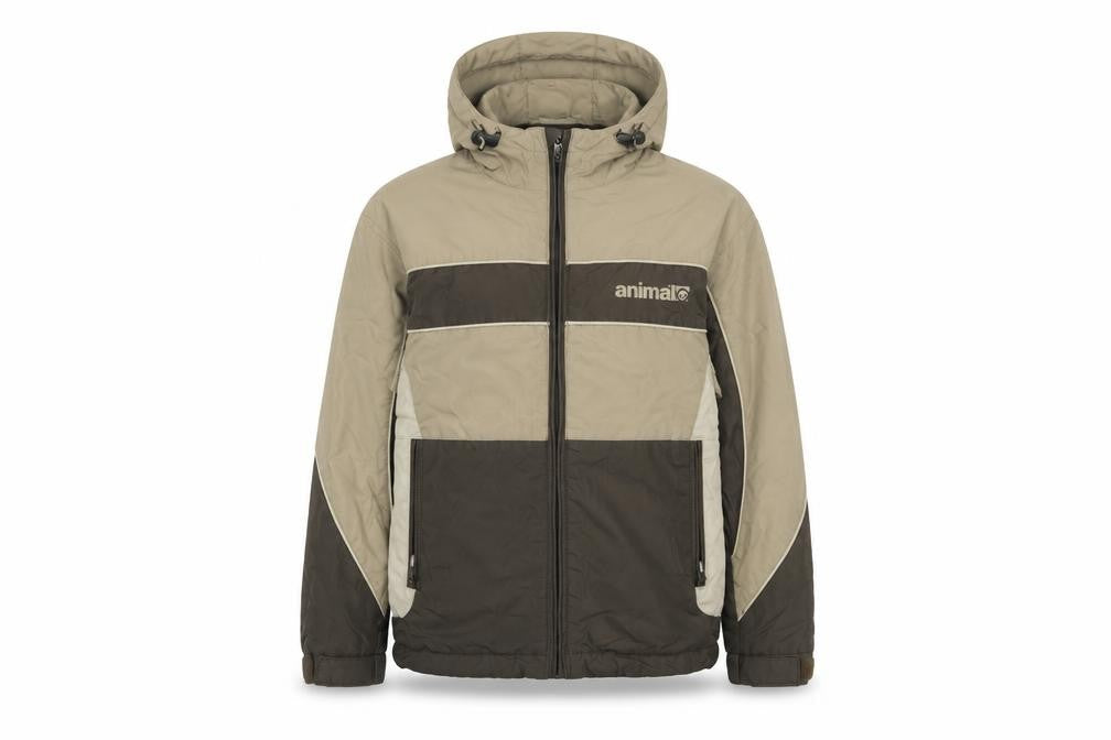 Front view of Animal boys’' xs beige brown hooded puffer jacket - winter essential