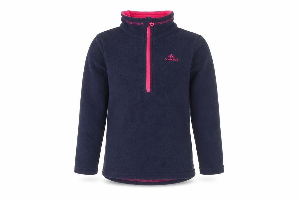 Front view of Decathlon girls’ blue fleece 1/2 zip sweatshirt 4-5 years
