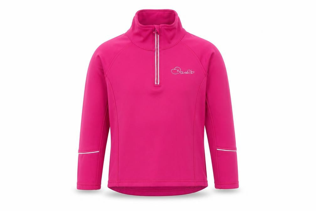Front view of Dare 2b girls’ pink hoodie, size 7-8, lightweight fleece jacket