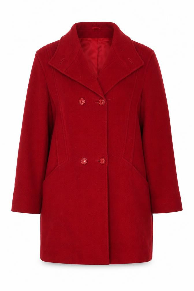 Front view of C&A Women's Red Wool Pea Coat, size 12, Buttoned Classic