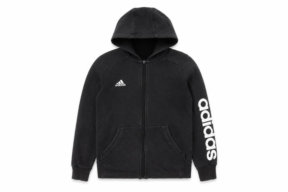 Front view of Adidas boys’ black full zip hoodie, size 12-13, logo accent