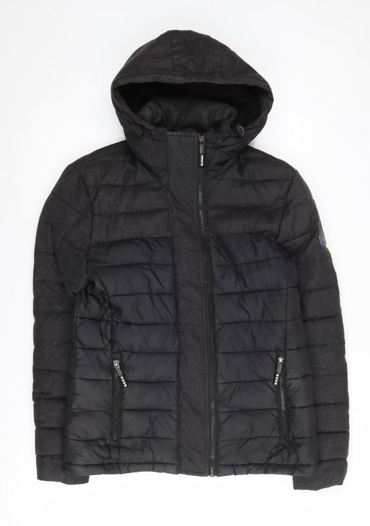Superdry Mens Black Puffer Jacket M Hooded Mid-Length